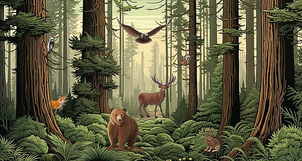 Wald mit Tieren und Vögeln Wald mit Tieren und Vögeln
