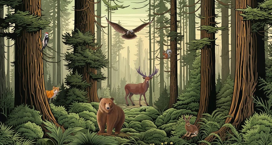 Wald mit Tieren und Vögeln