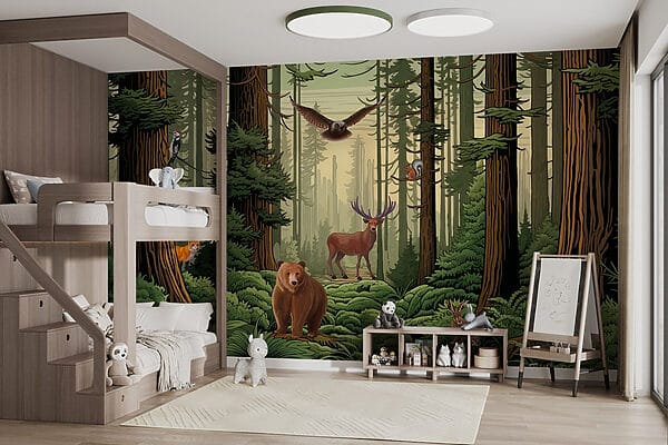 Wald mit Tieren und Vögeln Wald mit Tieren und Vögeln