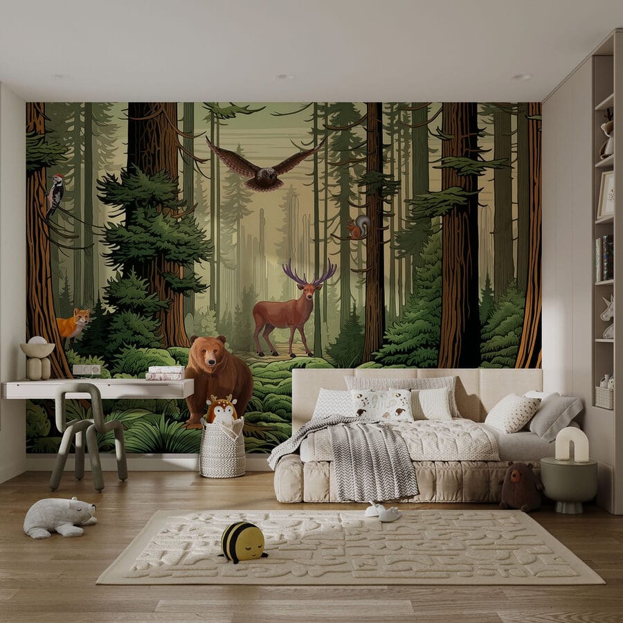 Wald mit Tieren und Vögeln
