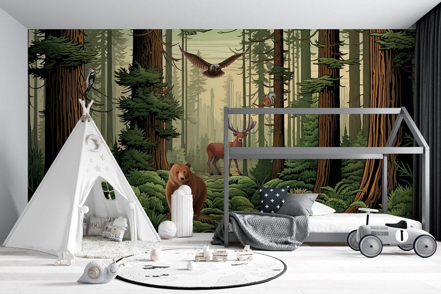 Wald mit Tieren und Vögeln