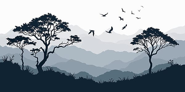 Vögel fliegen über eine Bergkette Vögel fliegen über eine Bergkette