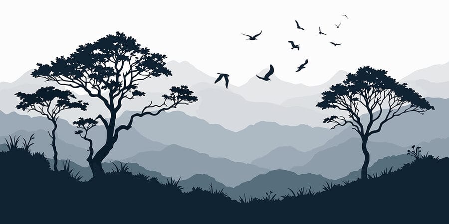 Vögel fliegen über eine Bergkette