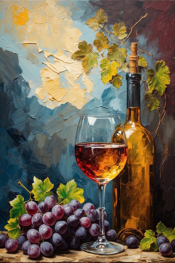 Gemälde einer Weinflasche und eines Glases Wein Gemälde einer Weinflasche und eines Glases Wein