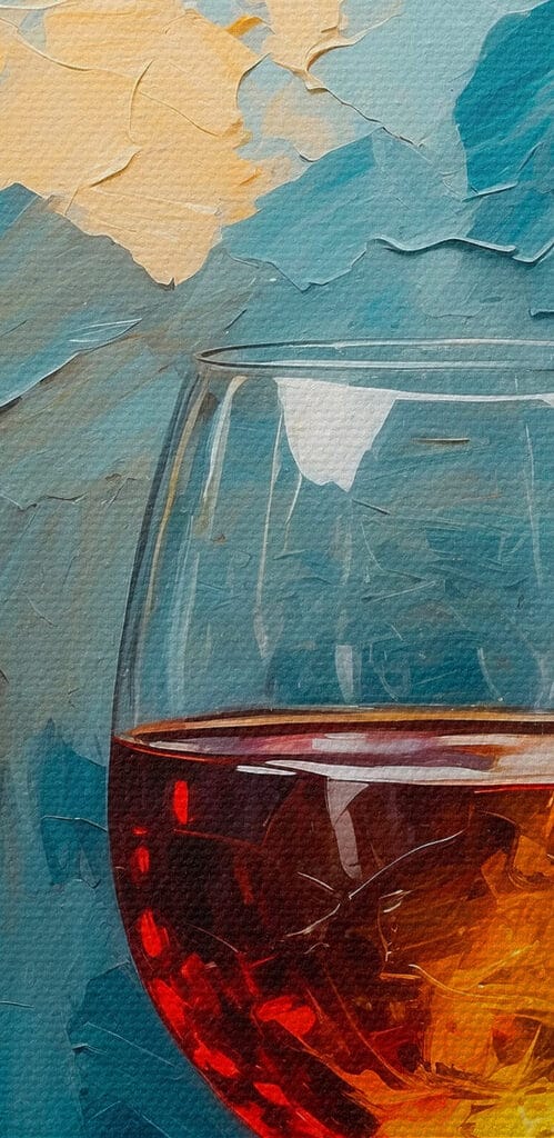 Painting of a wine bottle and a glass of wine