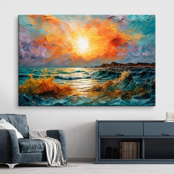 Wandbilder Gemälde eines Sonnenuntergangs über einer Wasserfläche Wandbilder Gemälde eines Sonnenuntergangs über einer Wasserfläche