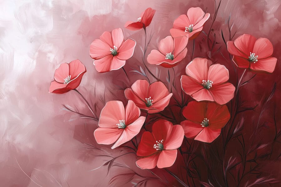 Gemälde von Blumen auf einem rosa Hintergrund