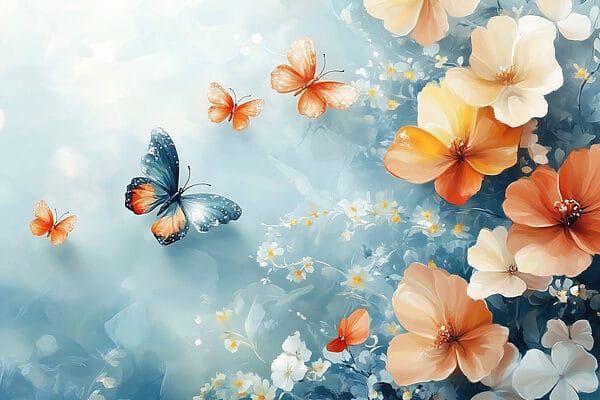 Schmetterlinge und Blumen auf einem blauen Hintergrund Schmetterlinge und Blumen auf einem blauen Hintergrund