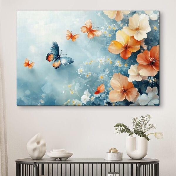 Schmetterlinge und Blumen auf einem blauen Hintergrund Schmetterlinge und Blumen auf einem blauen Hintergrund