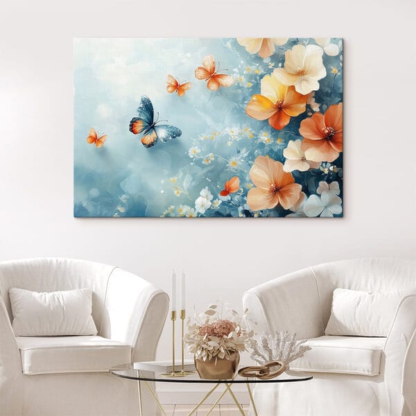 Schmetterlinge und Blumen auf einem blauen Hintergrund Schmetterlinge und Blumen auf einem blauen Hintergrund