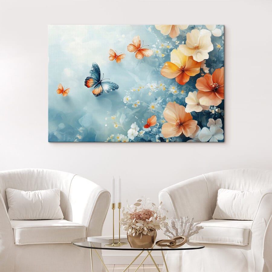 Schmetterlinge und Blumen auf einem blauen Hintergrund Schmetterlinge und Blumen auf einem blauen Hintergrund