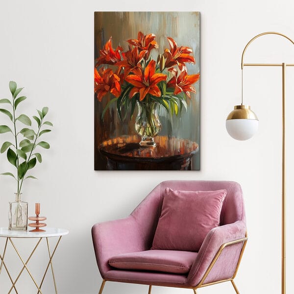 Gemälde mit orangefarbenen Blumen in einer Glasvase Gemälde mit orangefarbenen Blumen in einer Glasvase