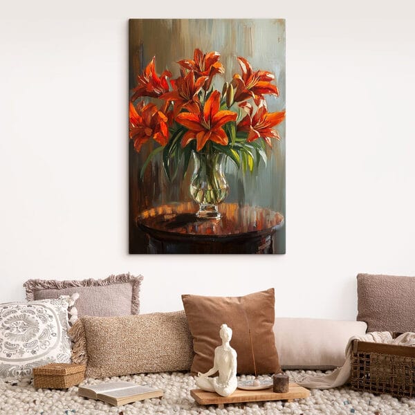 Gemälde mit orangefarbenen Blumen in einer Glasvase Gemälde mit orangefarbenen Blumen in einer Glasvase