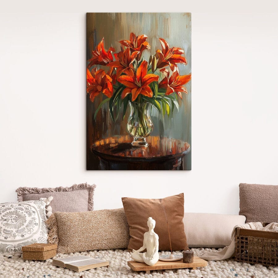 Gemälde mit orangefarbenen Blumen in einer Glasvase Gemälde mit orangefarbenen Blumen in einer Glasvase