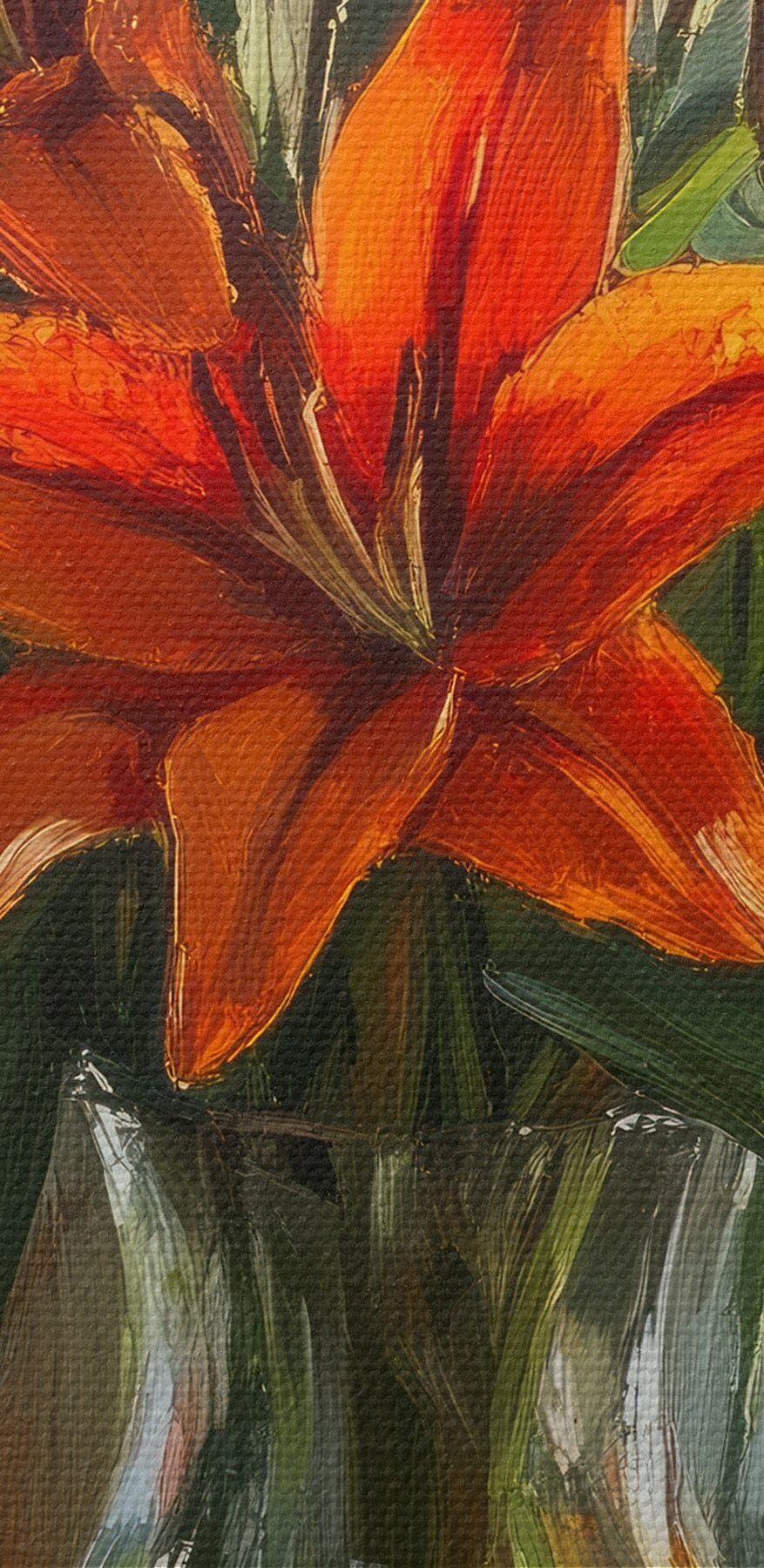 Gemälde mit orangefarbenen Blumen in einer Glasvase Gemälde mit orangefarbenen Blumen in einer Glasvase