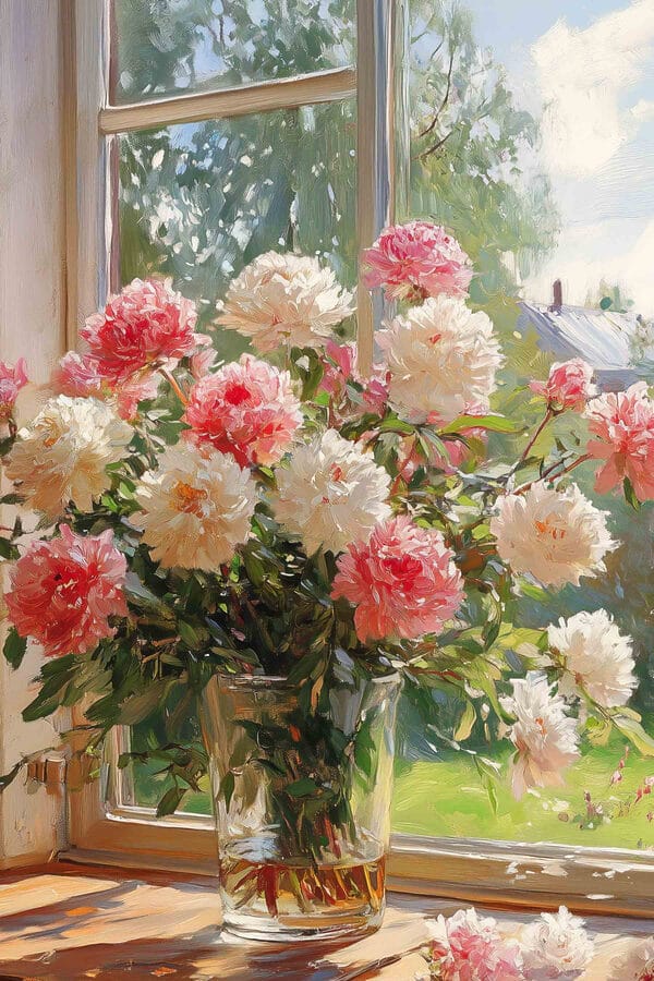 Vase mit Blumen vor einem Fenster Vase mit Blumen vor einem Fenster