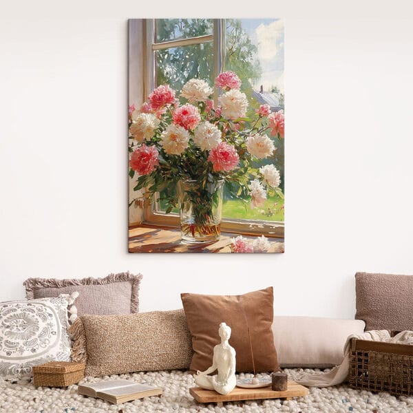 Vase mit Blumen vor einem Fenster Vase mit Blumen vor einem Fenster