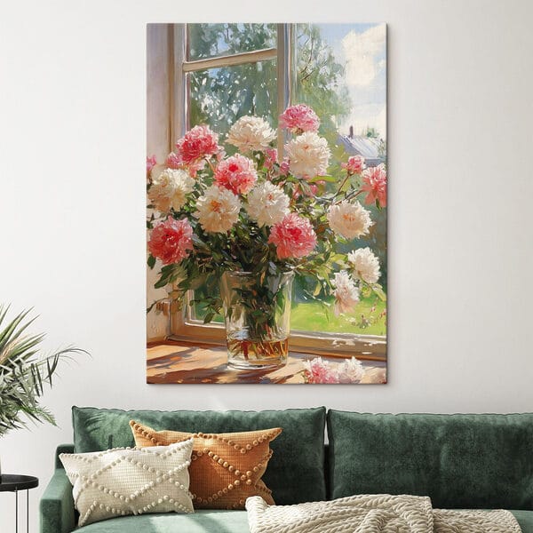 Vase mit Blumen vor einem Fenster Vase mit Blumen vor einem Fenster