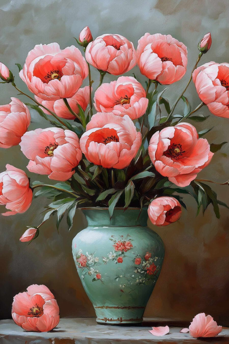 Gemälde mit rosa Blumen in einer Vase