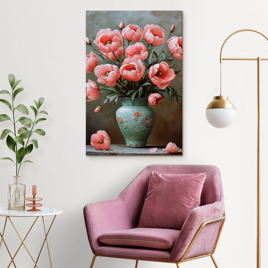 Gemälde mit rosa Blumen in einer Vase