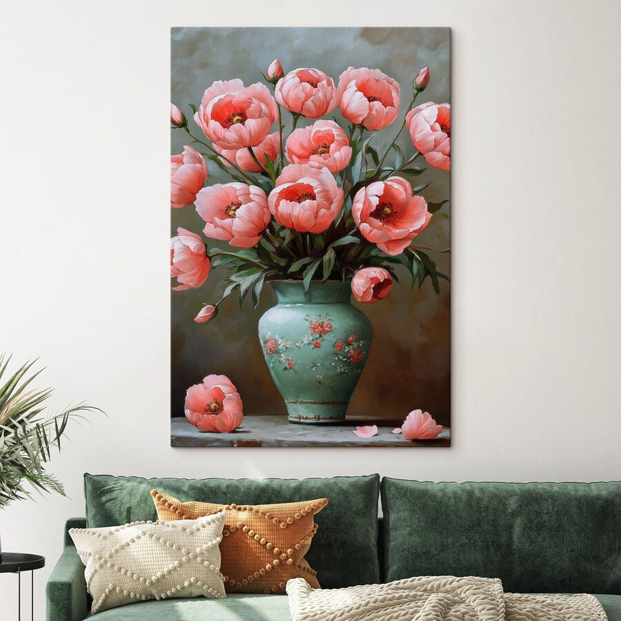 Gemälde mit rosa Blumen in einer Vase