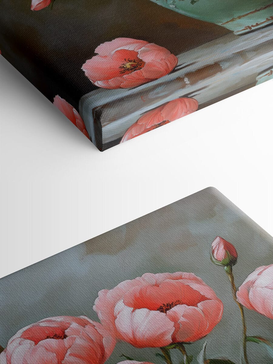 Gemälde mit rosa Blumen in einer Vase
