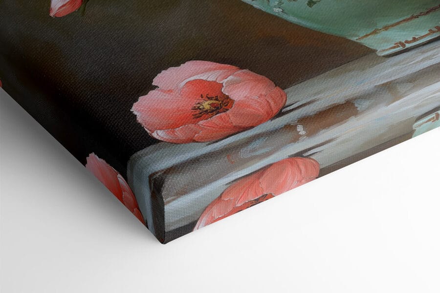Gemälde mit rosa Blumen in einer Vase