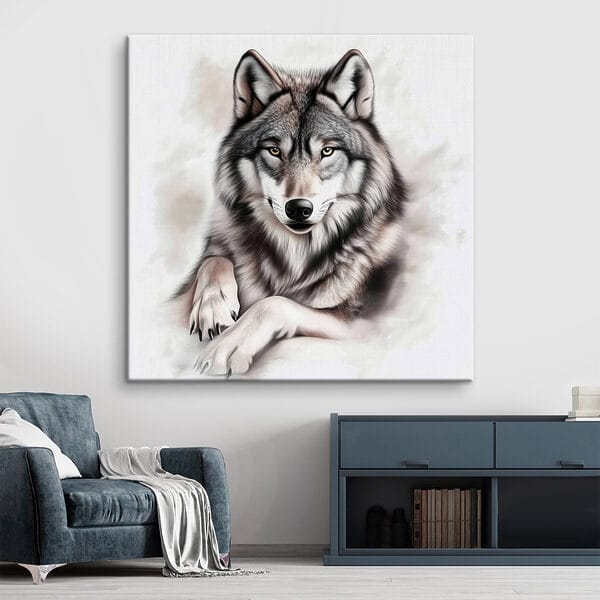 Wolf liegt und schaut in die Kamera Wandbilder Wolf liegt und schaut in die Kamera