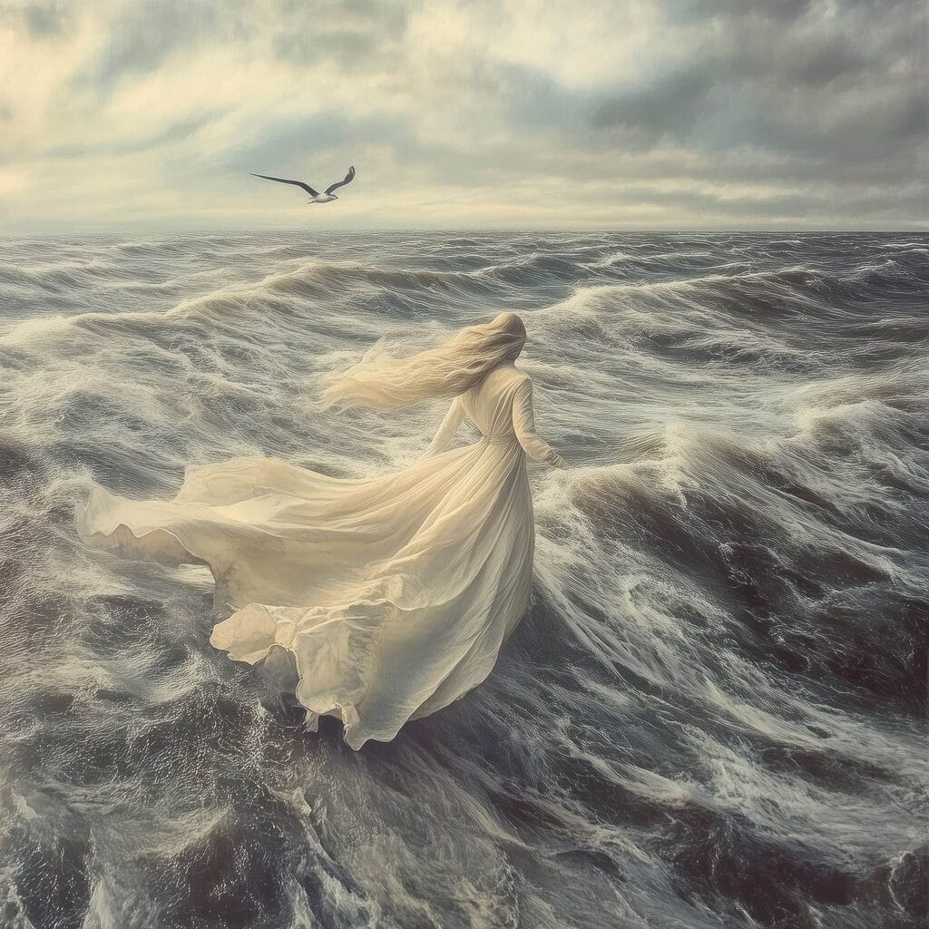 Woman in a white dress running through the waves