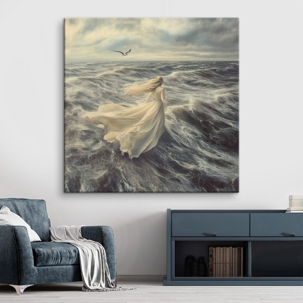 Woman in a white dress running through the waves