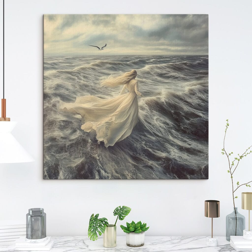 Woman in a white dress running through the waves