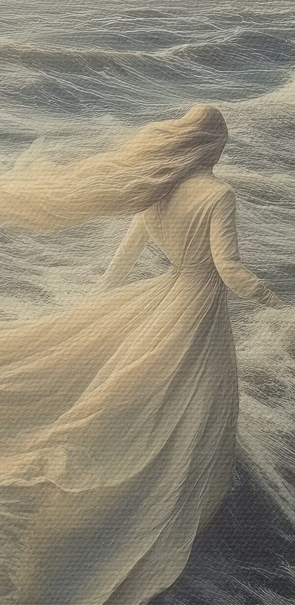 Frau im weißen Kleid läuft durch die Wellen Frau im weißen Kleid läuft durch die Wellen