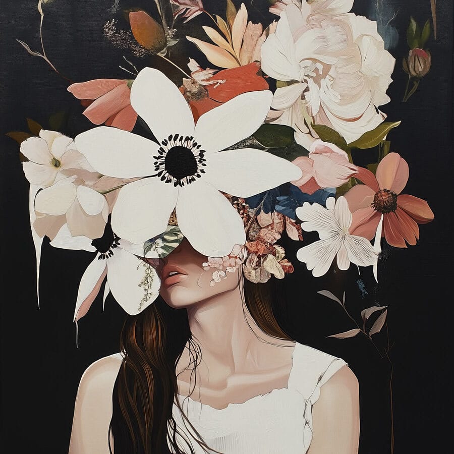 Gemälde einer Frau mit Blumen im Gesicht