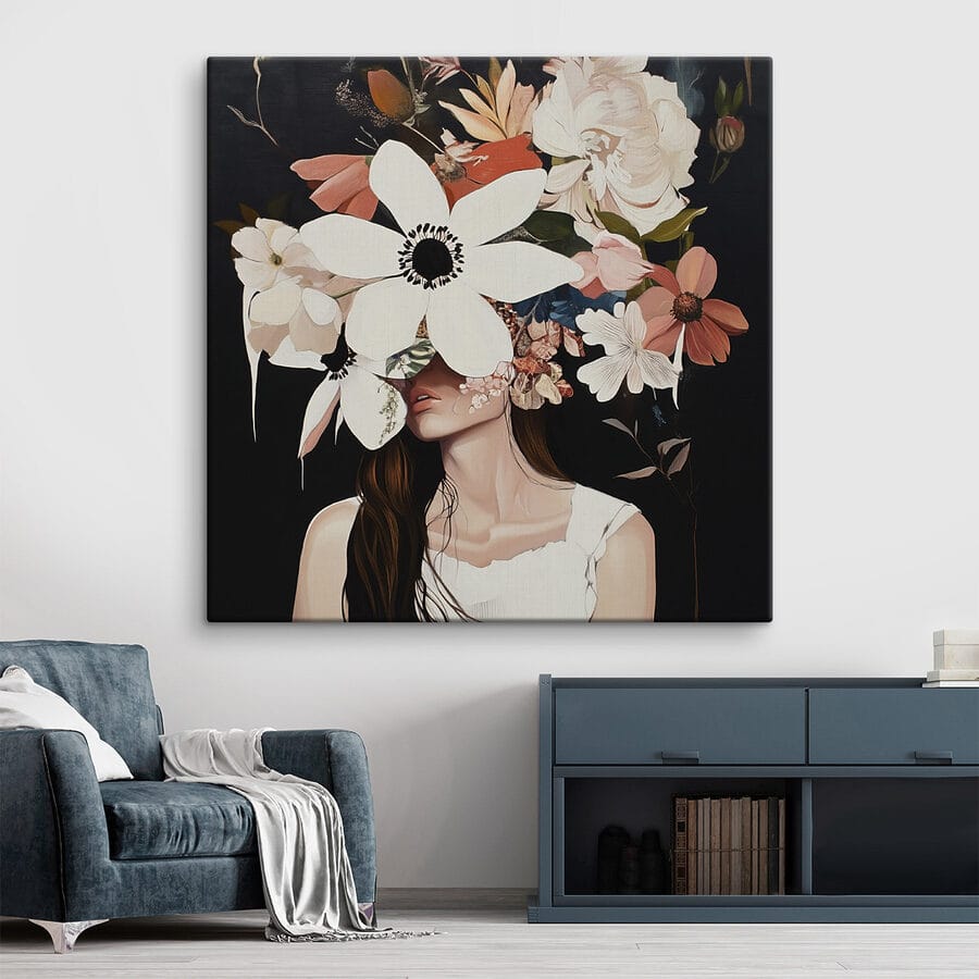 Gemälde einer Frau mit Blumen im Gesicht
