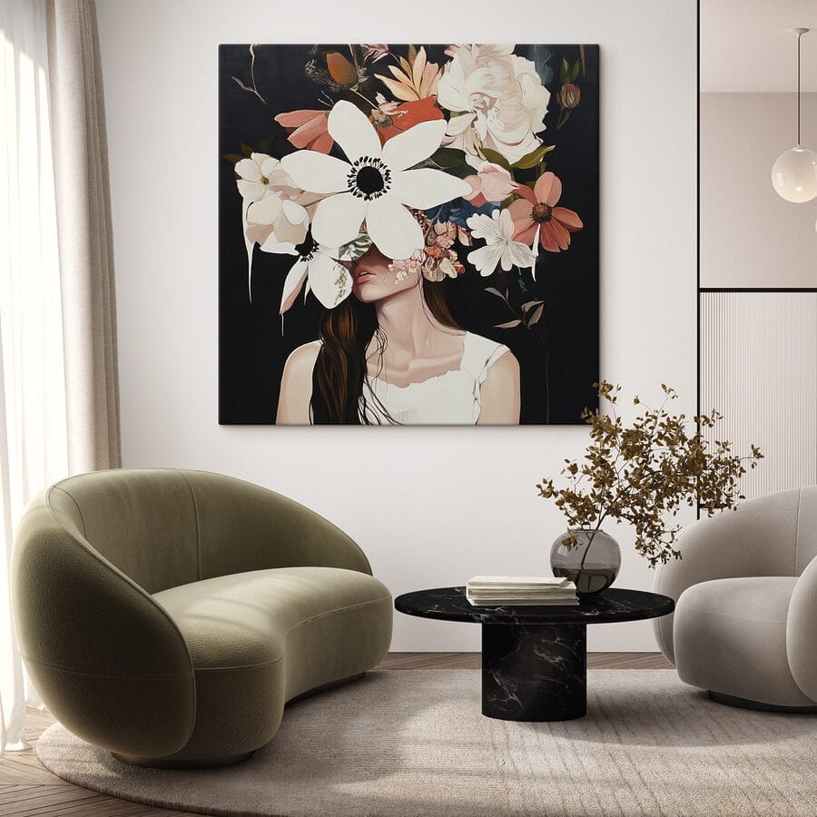 Gemälde einer Frau mit Blumen im Gesicht