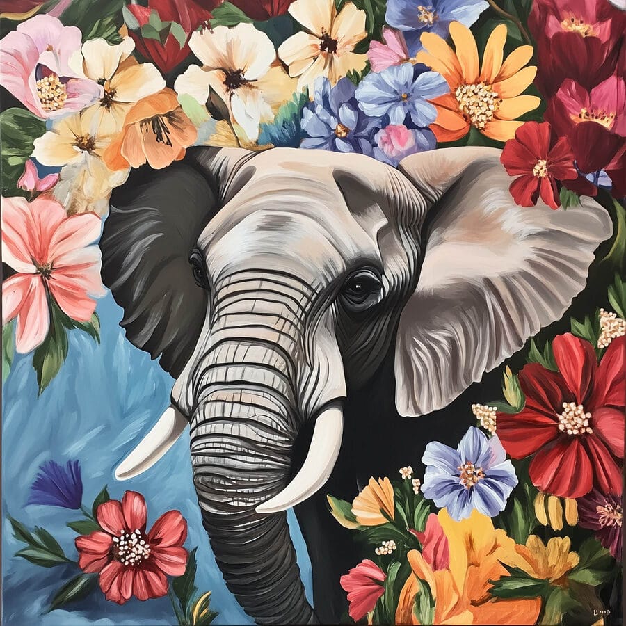 Ein Elefant mit Stoßzähnen in einem Blumengarten