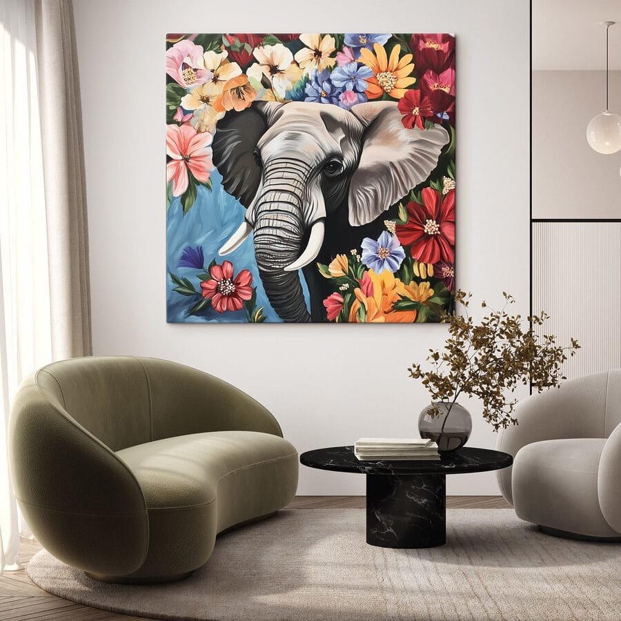 Ein Elefant mit Stoßzähnen in einem Blumengarten