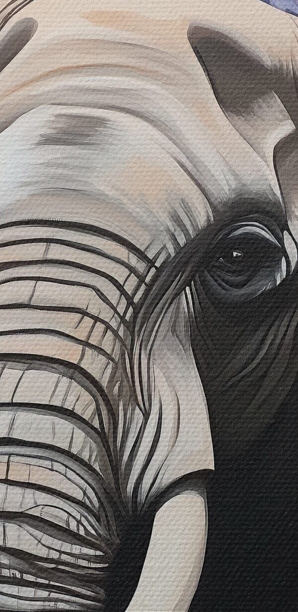 Ein Elefant mit Stoßzähnen in einem Blumengarten Ein Elefant mit Stoßzähnen in einem Blumengarten