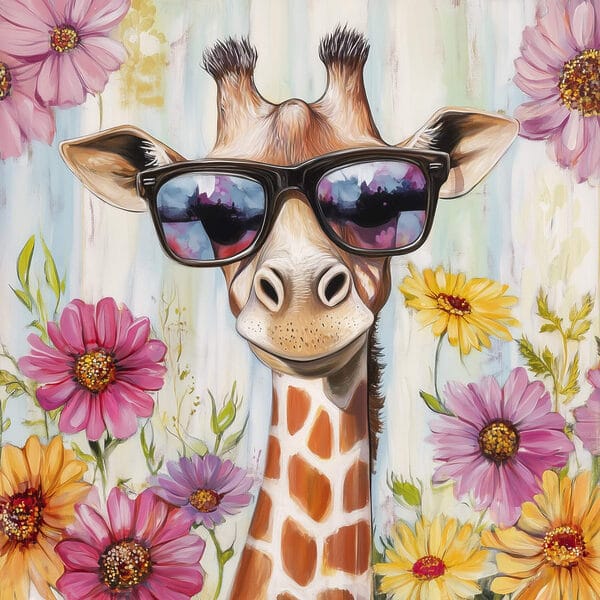 Giraffe mit Sonnenbrille und Blumen Giraffe mit Sonnenbrille und Blumen