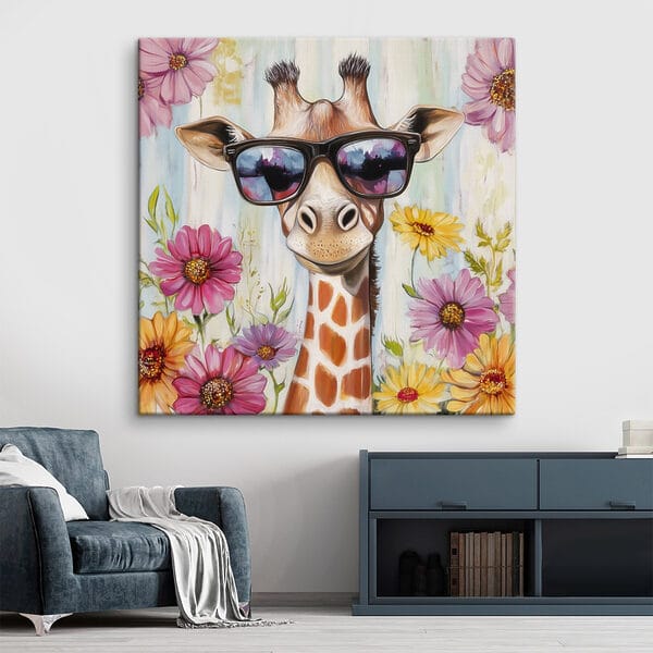 Giraffe mit Sonnenbrille und Blumen Giraffe mit Sonnenbrille und Blumen