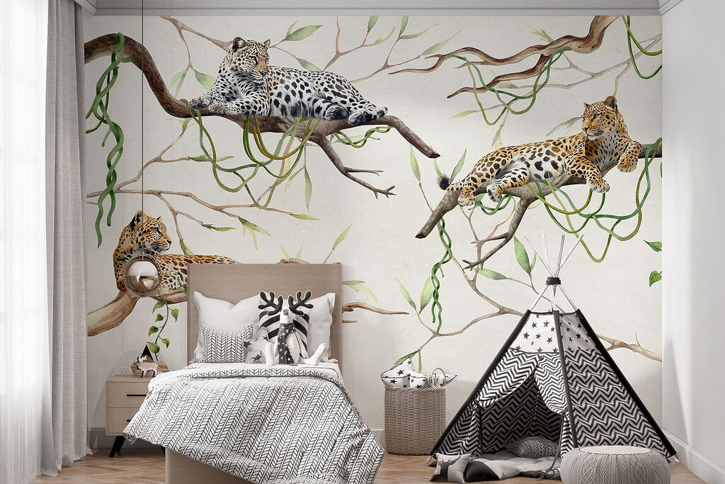 Group of leopards lying on branches