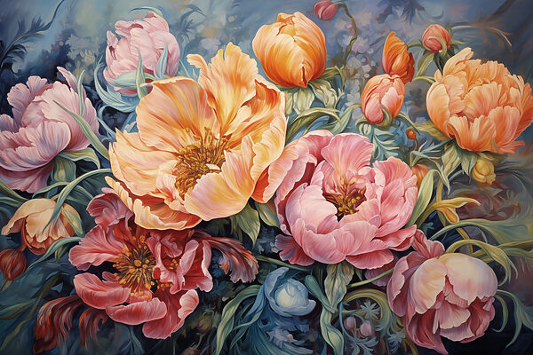 Gemälde mit Blumen auf blauem Hintergrund Gemälde mit Blumen auf blauem Hintergrund