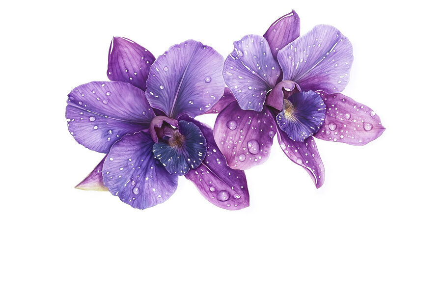 Lila Blumen mit Wassertropfen darauf