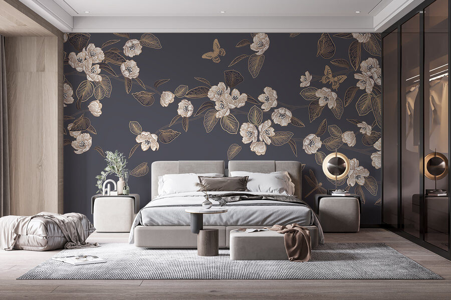Fototapeten Weiße Blumen und Blätter auf grauem Hintergrund