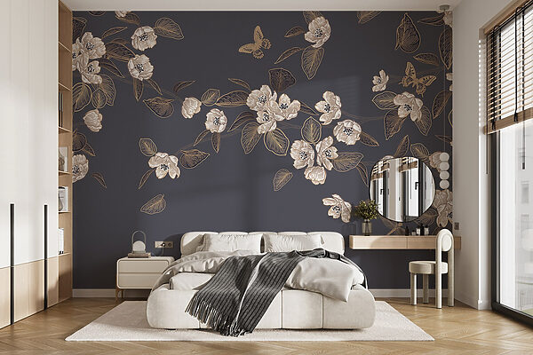 Weiße Blumen und Blätter auf grauem Hintergrund Weiße Blumen und Blätter auf grauem Hintergrund