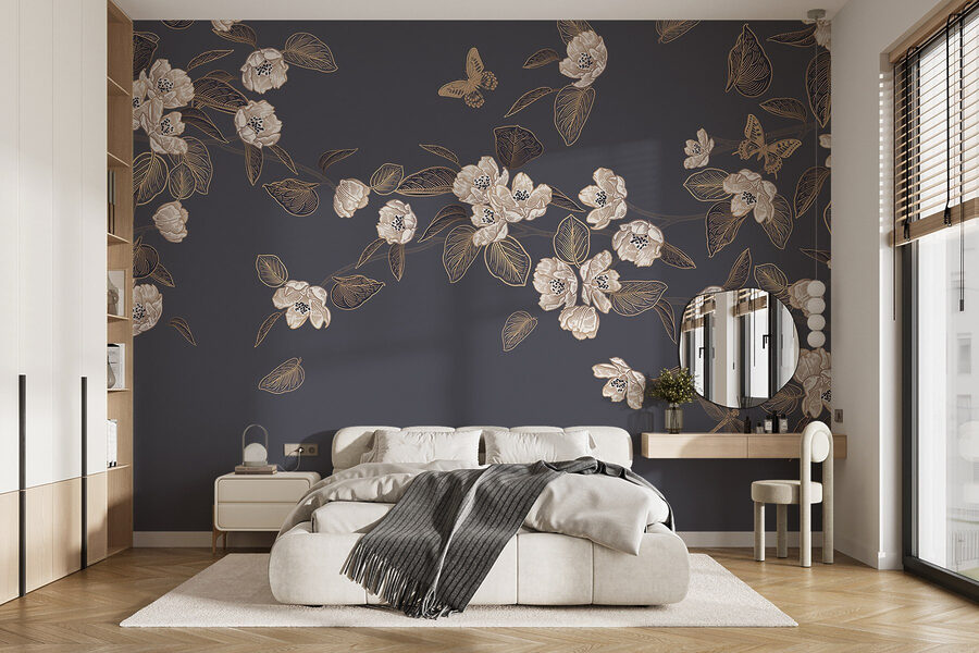 Fototapeten Weiße Blumen und Blätter auf grauem Hintergrund – Bild 2