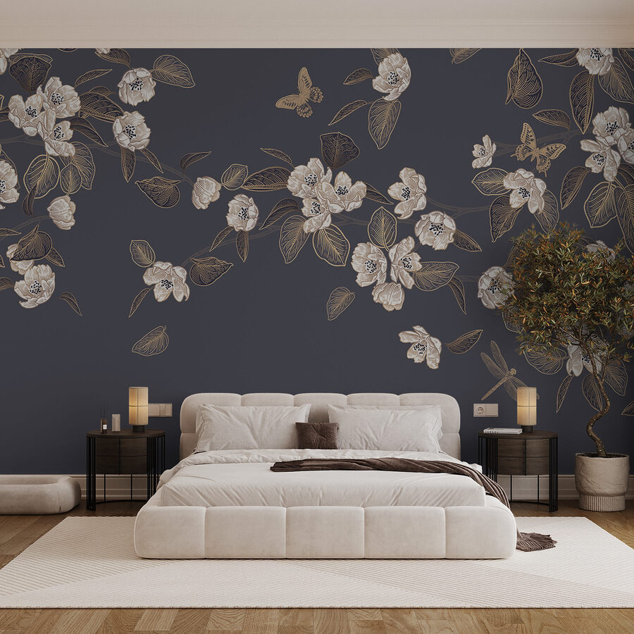 Fototapeten Weiße Blumen und Blätter auf grauem Hintergrund – Bild 3