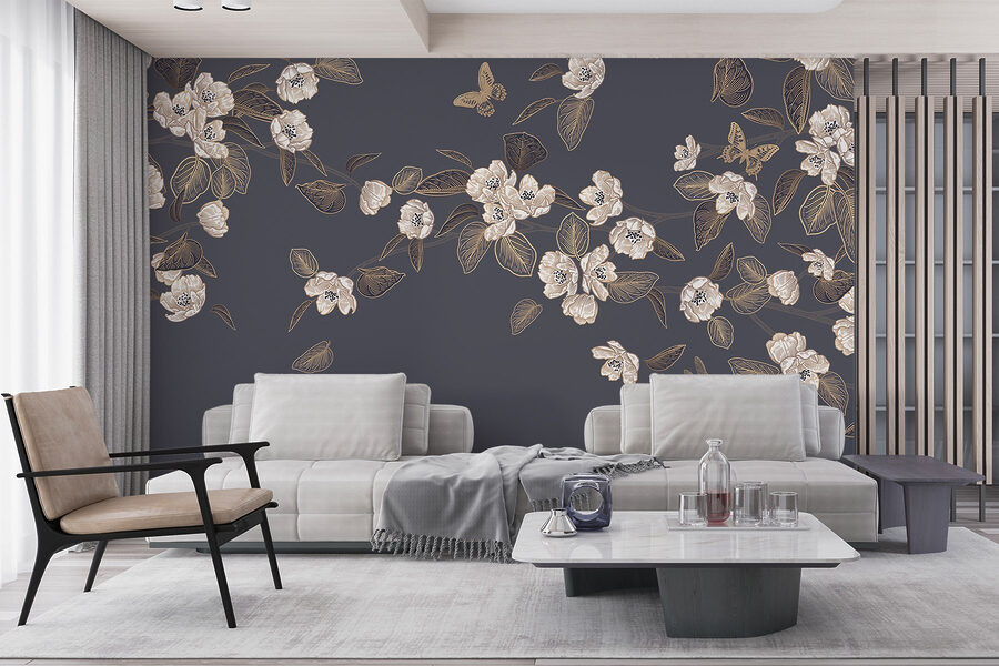 Fototapeten Weiße Blumen und Blätter auf grauem Hintergrund – Bild 4