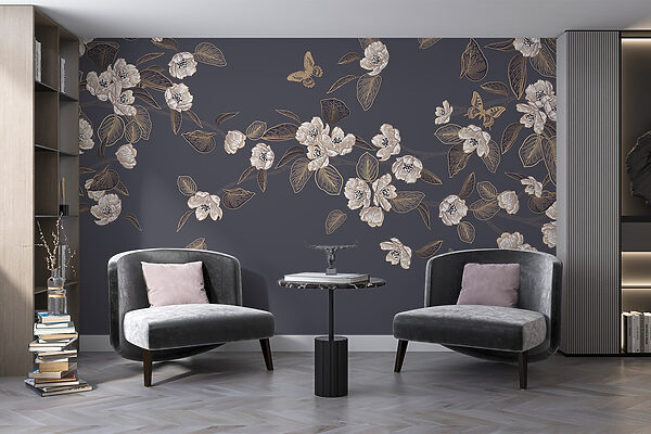 Weiße Blumen und Blätter auf grauem Hintergrund Weiße Blumen und Blätter auf grauem Hintergrund