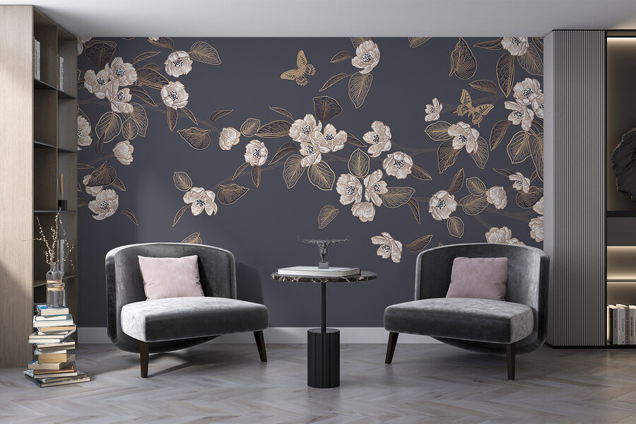 Fototapeten Weiße Blumen und Blätter auf grauem Hintergrund – Bild 5